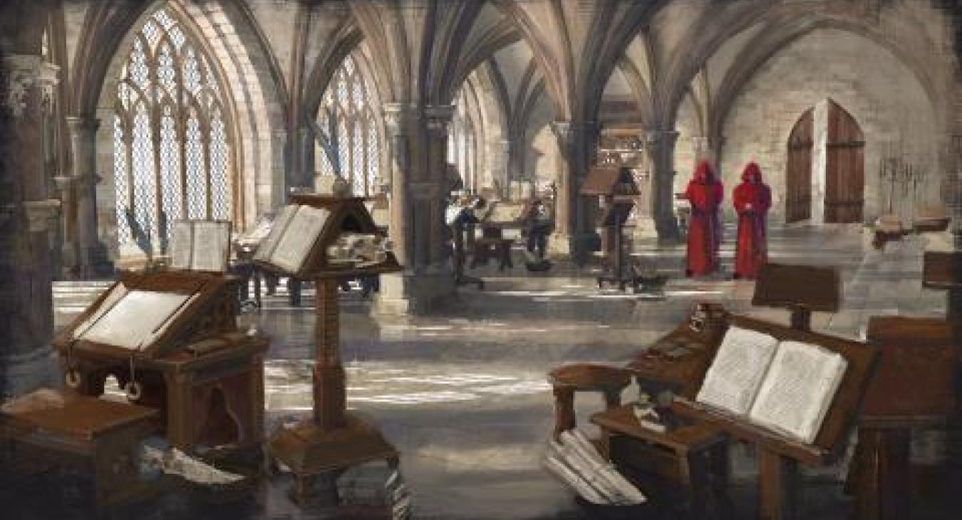 There is a scene in Elixa where two medieval monks are praying for each other, similar to these monks in this lovely scriptorium. Why are they doing this? And what happens next?