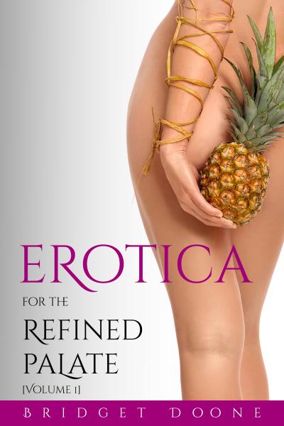 Backside of a naked woman holding a pineapple behind her back