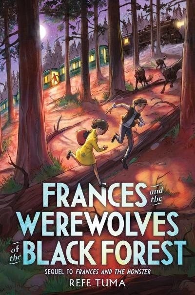 An illustrated book cover showing two kids fleeing a stopped train through a forest. Three large wolves pursue them, and a mysterious figure watches from the train.
