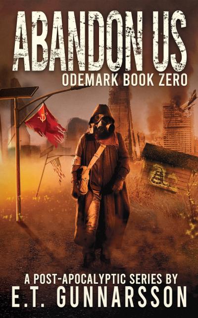 A man standing in front of a burning city. An old Soviet flag and a Gadsden mark are featured in the front.