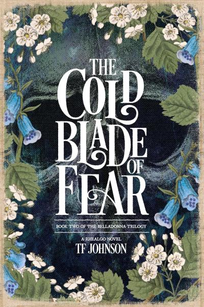 Book Cover of The Cold Blade of Fear with title over a bookcloth background with a skull on it, and leaves and blue and white flowers around the edges.