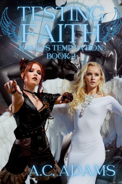 An angel and a demon, both female, in front of another, larger, female demon