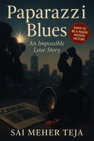 “Book cover of Paparazzi Blues: An Impossible Love Story by Sai Meher Teja. The design shows a photographer capturing a silhouetted couple kissing against a city skyline at dusk, with a camera, lipstick, and a newspaper headline reading ‘Scandal!’ on a table. A red circle badge reads ‘Soon to be a Major Motion Picture.’”