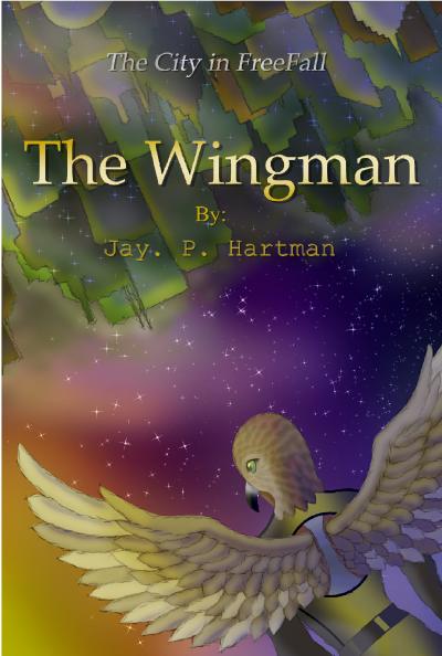 Image of a man with the head and wings of a bird flying to a city that is apparently upside-down and falling into space.