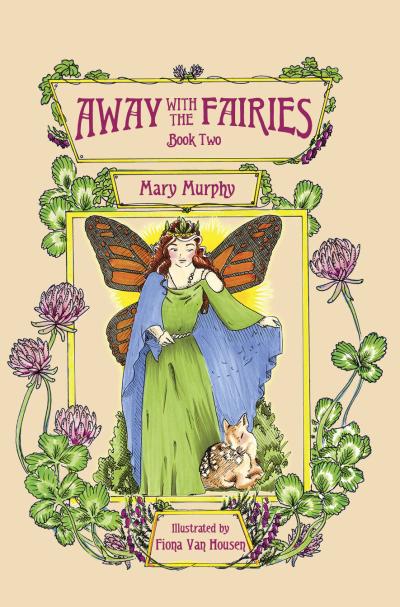 Watercolour of Brísa, Queen of the Fairies, fawn sleeping at her feet. Both are surrounded by thistle and shamrock.