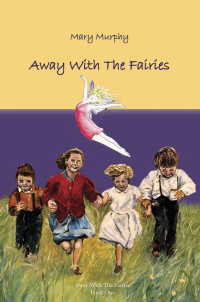 An Illustrated fairy, flying over four children running through tall grasses.